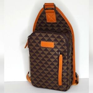 Women Fashion Brown Leather Geometric Pattern Sling Crossbody Bag